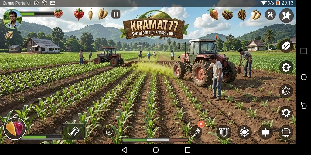 Tampilan gameplay KRAMAT77 menampilkan kebun yang subur dan aktivitas bertani yang seru.
