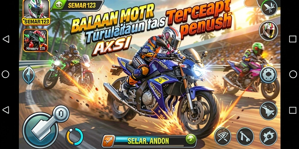 Screenshot gameplay SEMAR123 memperlihatkan aksi balapan motor yang mendebarkan.